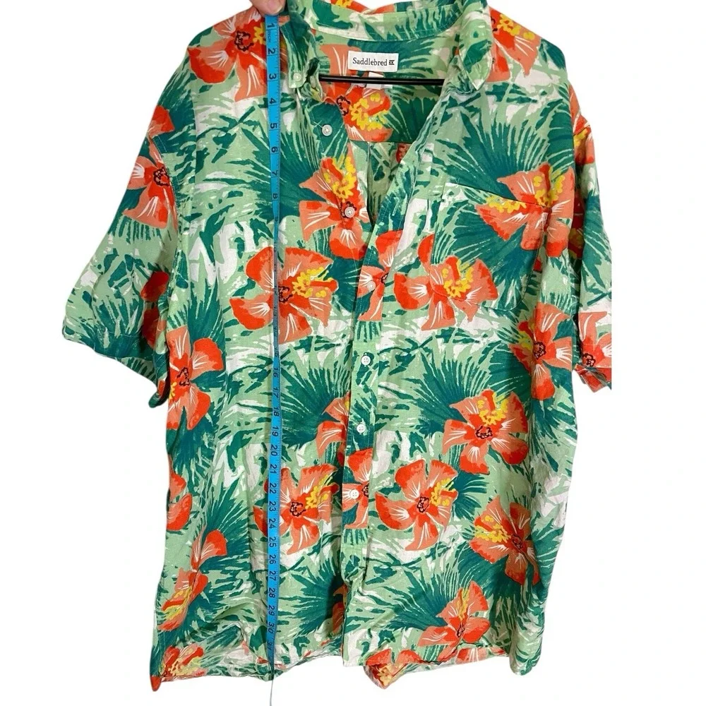 Saddlebred XXLT Green Orange Floral Hawaiian Shirt Cotton Linen Tropical Beach - Picture 2 of 7
